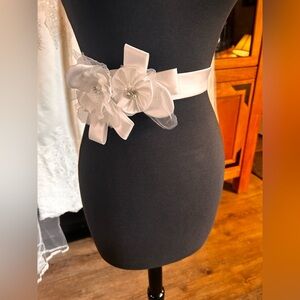 White Satin Floral Bridal Sash Belt